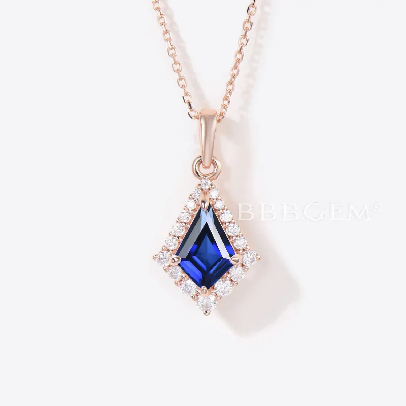 Women's fingerprint necklaces-Rose Gold Kite Cut Blue Sapphire Necklace Halo Moissanite Pendant