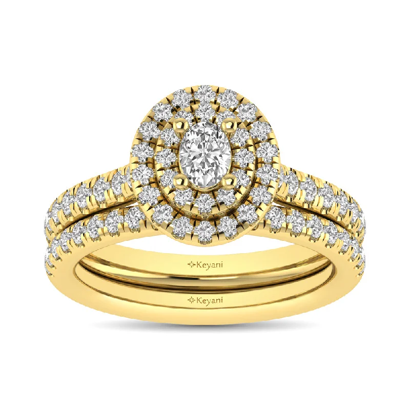 Women's platinum rings-Diamond Classic Shank Double Halo Bridal Ring 1 ct tw Oval Cut in 14K Yellow Gold