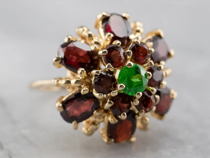 Affordable women's rings-Green and Red Garnet Cluster Gold Statement Ring