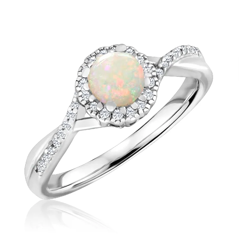 Women's exclusive rings-Opal and Diamond Halo October Birthstone Ring in Sterling Silver