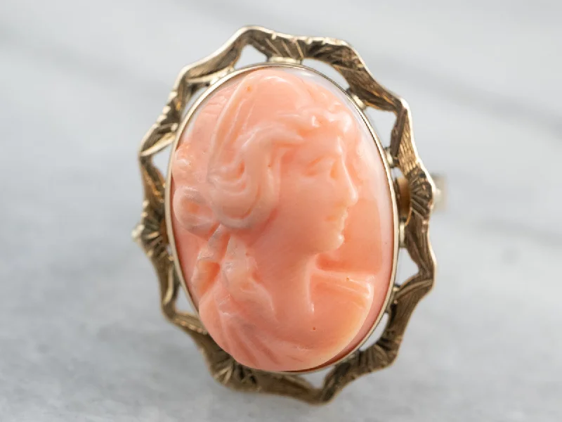 Women's evil eye rings-18K Gold Vintage Coral Cameo Ring