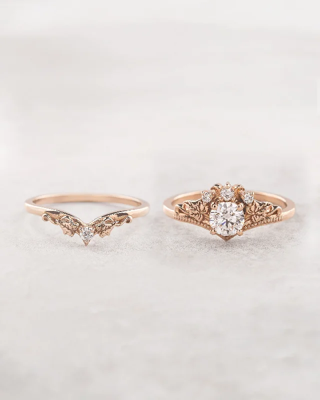 Women's emerald rings-READY TO SHIP: Ariadne in 14K rose gold, bridal ring set with ivy leaves and diamonds, AVAILABLE RING SIZES: 8.5 - 11.5 US