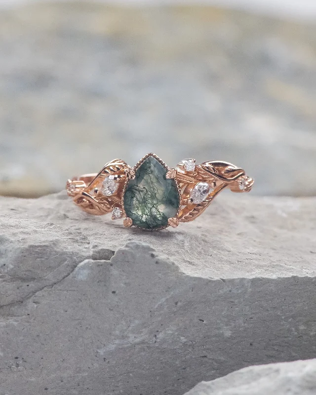 Women's crystal rings-READY TO SHIP: Patricia ring in 14K rose gold, natural moss agate pear cut 8x6 mm, accent lab grown diamonds, AVAILABLE RING SIZES: 4.5 - 9.5 US