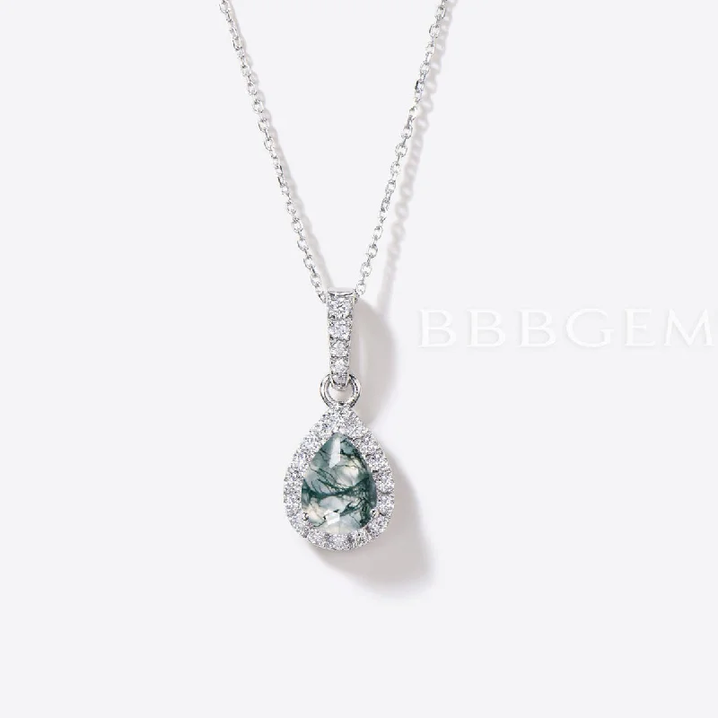 Women's seasonal necklaces-Teardrop Green Moss Agate Pendant Diamond Halo Necklace Charm Necklace