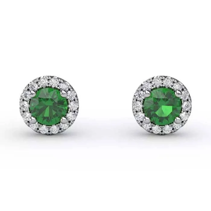 Women's modern design earrings-Fana Emerald and Diamond Halo Stud Earrings in 14K White Gold