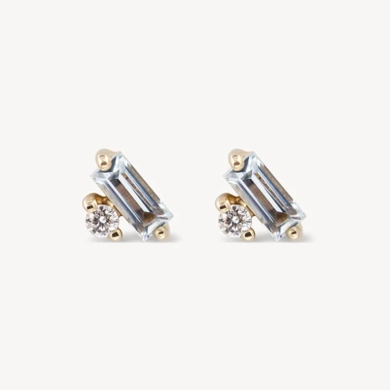 Trendy women's earrings-Tiny Aquamarine Baguette Diamond Stud