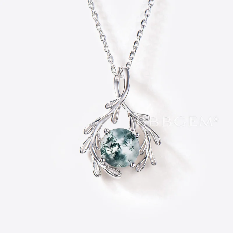 Women's silver necklaces-Vine Wrap Necklace 7mm Round Natural Moss Agate Bridal Pendant Necklace