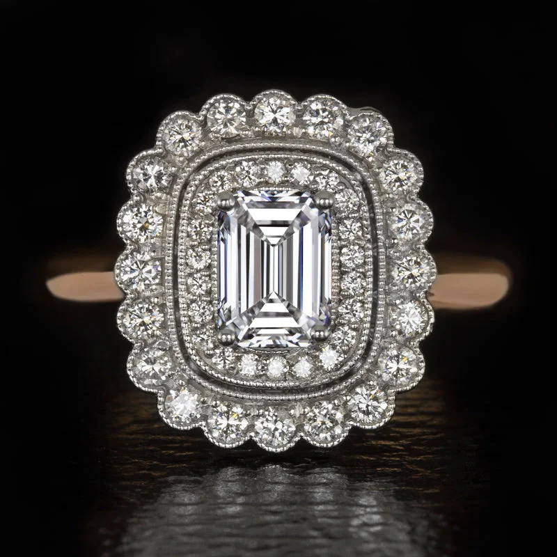 Women's sun rings-VINTAGE STYLE LAB CREATED DIAMOND COCKTAIL RING DOUBLE HALO EMERALD CUT 1.5ct