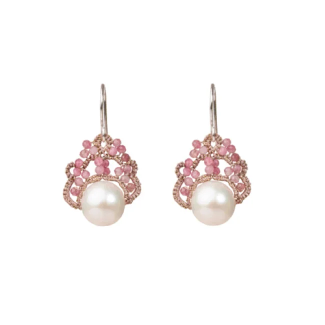 Women's gold earrings-Lace Earrings: Moona Pearl & Pink Tourmaline