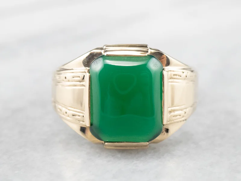 Women's investment rings-Retro Men's Green Onyx Gold Statement Ring