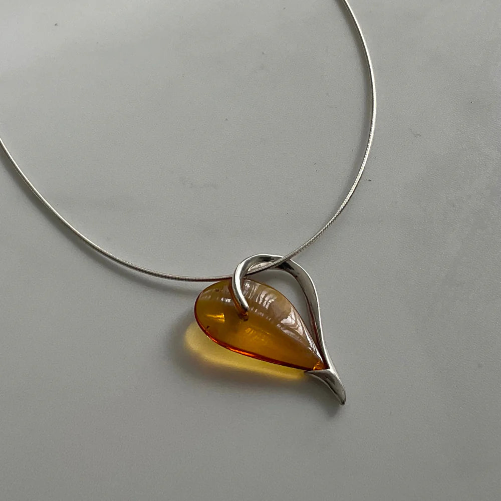 Women's diamond necklaces-Sterling Silver and Amber Heart Pendant