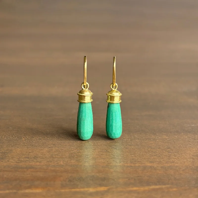 Women's gold-plated earrings-Dark Green Chrysoprase Drop Earrings