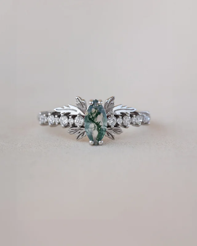 Women's heirloom rings-READY TO SHIP: Verbena ring in 18K white gold, natural moss agate marquise cut 8x4 mm, accents lab grown diamonds, RING SIZE: 5.5 - 8.5 US