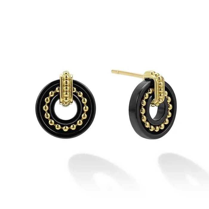 Women's sun earrings-LAGOS 12MM Black Ceramic Caviar Circle Stud Earrings in 18K Yellow Gold, and Sterling Silver