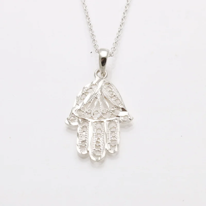 Women's photo necklaces-Sterling Silver Hamsa Filigree Necklace