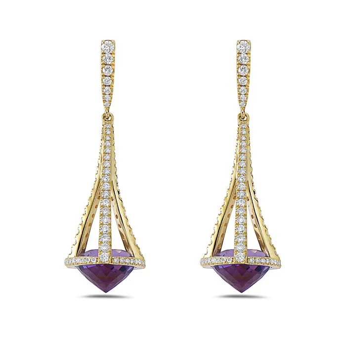 Women's waterproof earrings-Charles Krypell Pastel Collection Chandelier Earrings with Amethyst and Diamonds in 18K Yellow Gold