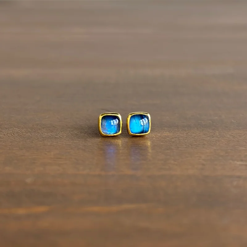 Women's graduation earrings-Rainbow Moonstone Cushion Cabochon Stud Earrings