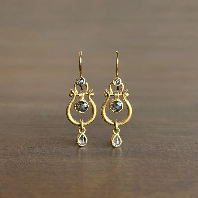 Women's eco-friendly earrings-Small Gold Lyre Earrings with Salt & Pepper Diamonds