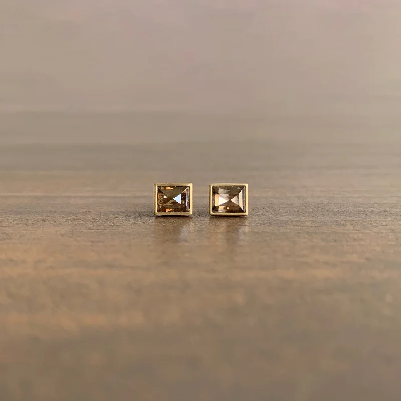 Women's zodiac earrings-Dark Champagne Diamond Rectangle Stud Earrings