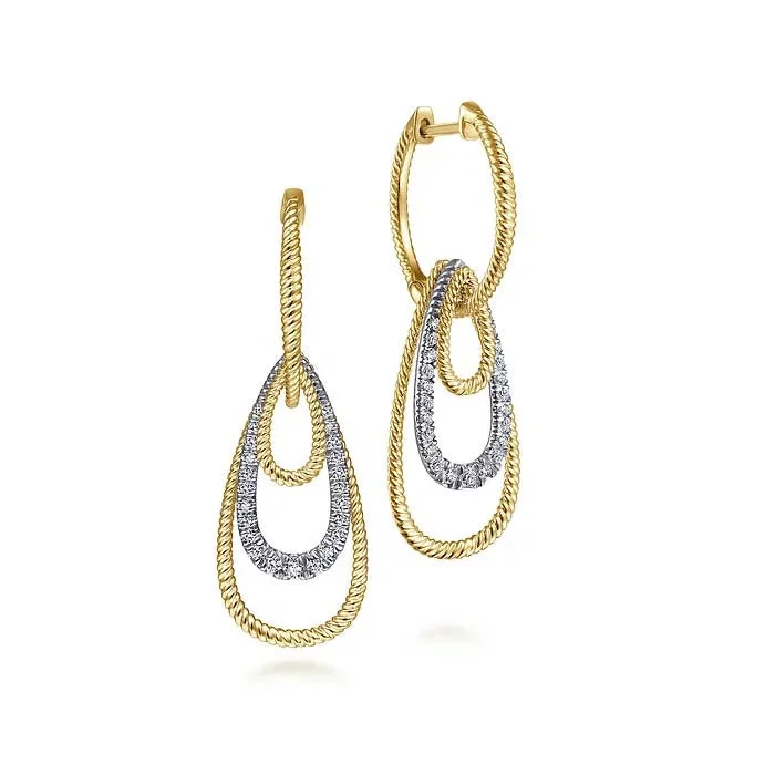 Women's leather earrings-Gabriel & Co. Hampton Diamond Huggie Earrings with Graduated Teardrops in 14K Yellow and White Gold