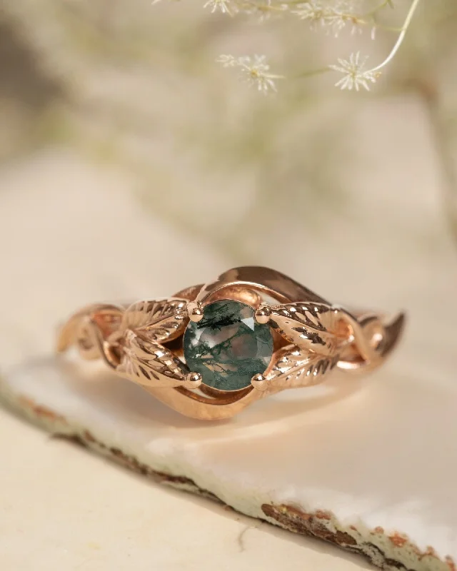 Women's promise rings-READY TO SHIP: Azalea ring in 14K rose gold, natural moss agate round cut 5 mm, AVAILABLE RING SIZES: 3.25 - 9.5 US