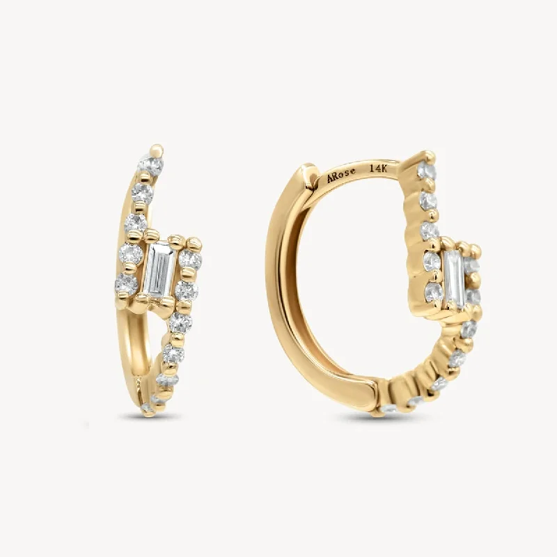 Women's gold earrings-Cradled Diamond Baguette Huggies