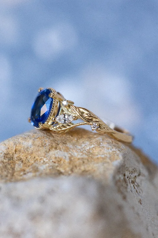 Vintage women's rings-READY TO SHIP: Patricia ring in 14K yellow gold, natural vivid blue sapphire 8x6 mm, accent natural diamonds, AVAILABLE RING SIZES: 5.5 - 8.5 US