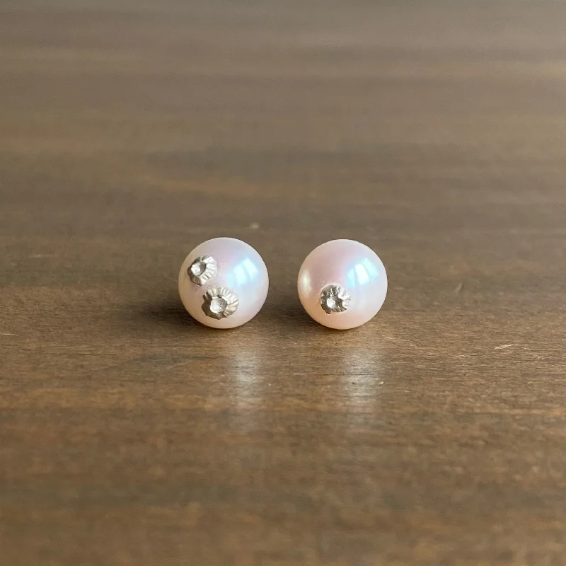 Women's diamond earrings-Little Pearl Studs with Silver Barnacles