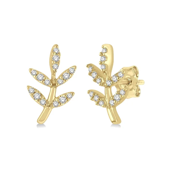 Women's statement rings-1/8 ctw Leaf Motif Round Cut Diamond Petite Fashion Earring in 10K Yellow Gold