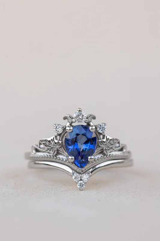 Women's custom design rings-READY TO SHIP: Ariadne bridal set in 14K white gold, pear cut natural sapphire 7x5 mm, lab grown diamonds, RING SIZE: 3 - 6  US