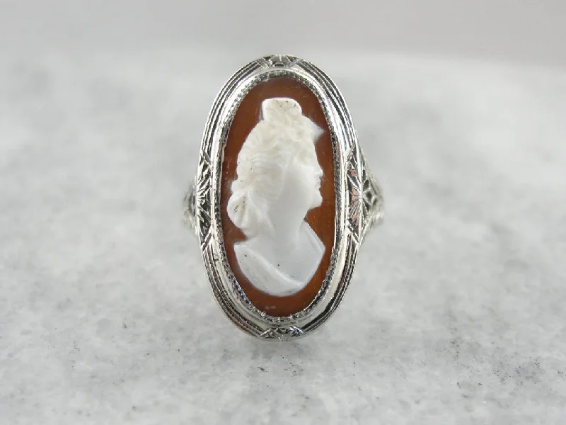 Women's wedding rings-Art Deco Cameo Cocktail Ring in Filigree Mounting, Classic White Gold