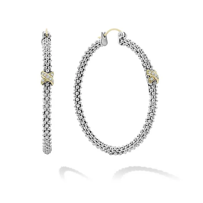 Women's exclusive earrings-LAGOS Large X Diamond Caviar Hoop Earrings in Sterling Silver and 18K Yellow Gold