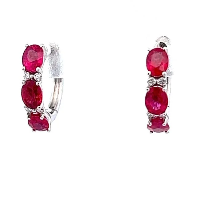 Women's art deco earrings-Mountz Collection Oval Ruby and Round Diamond Huggie Earrings in 14K White Gold