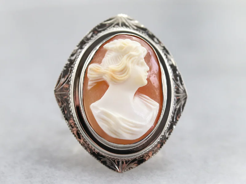 Women's fingerprint rings-White Gold Cameo Cocktail Ring