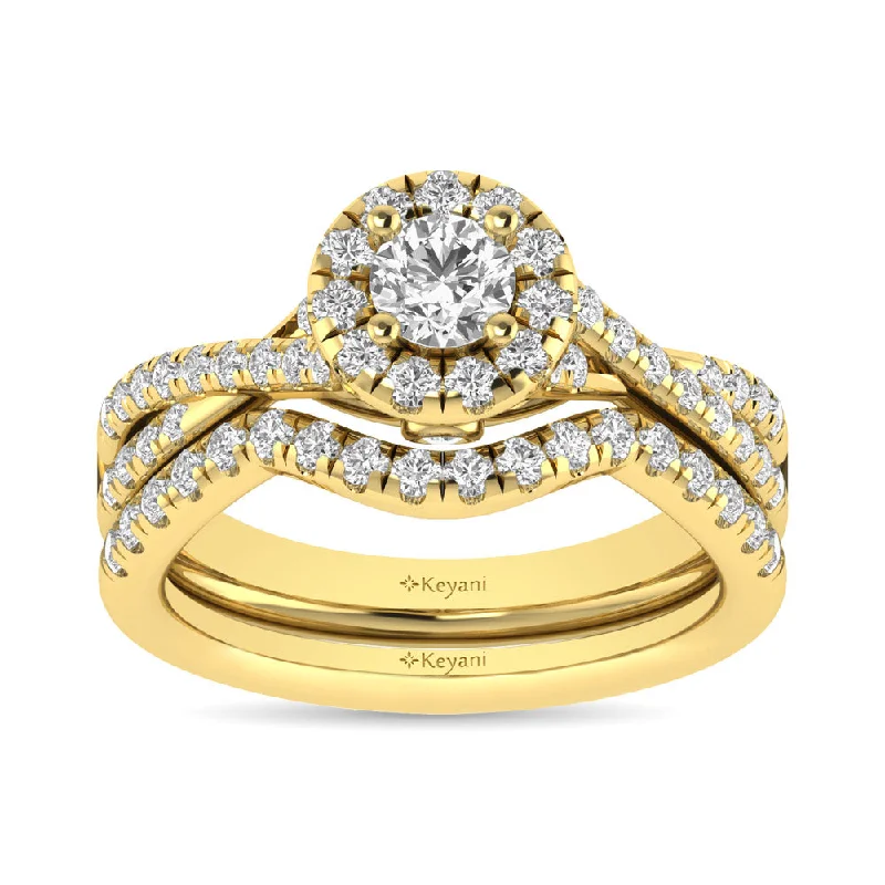 Minimalist women's rings-Diamond  Twist Shank Single Halo Bridal Ring 1 ct tw Round Cut in 14K Yellow Gold