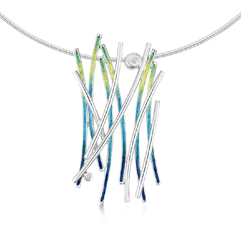 Women's birthday gift necklaces-Sterling Silver and Enamel Wild Grasses Necklet With Moonstone And Cubic Zirconias - ESNXX187