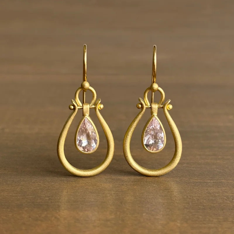 Handmade women's earrings-Large Gold Lyre Earrings with Morganite Pears