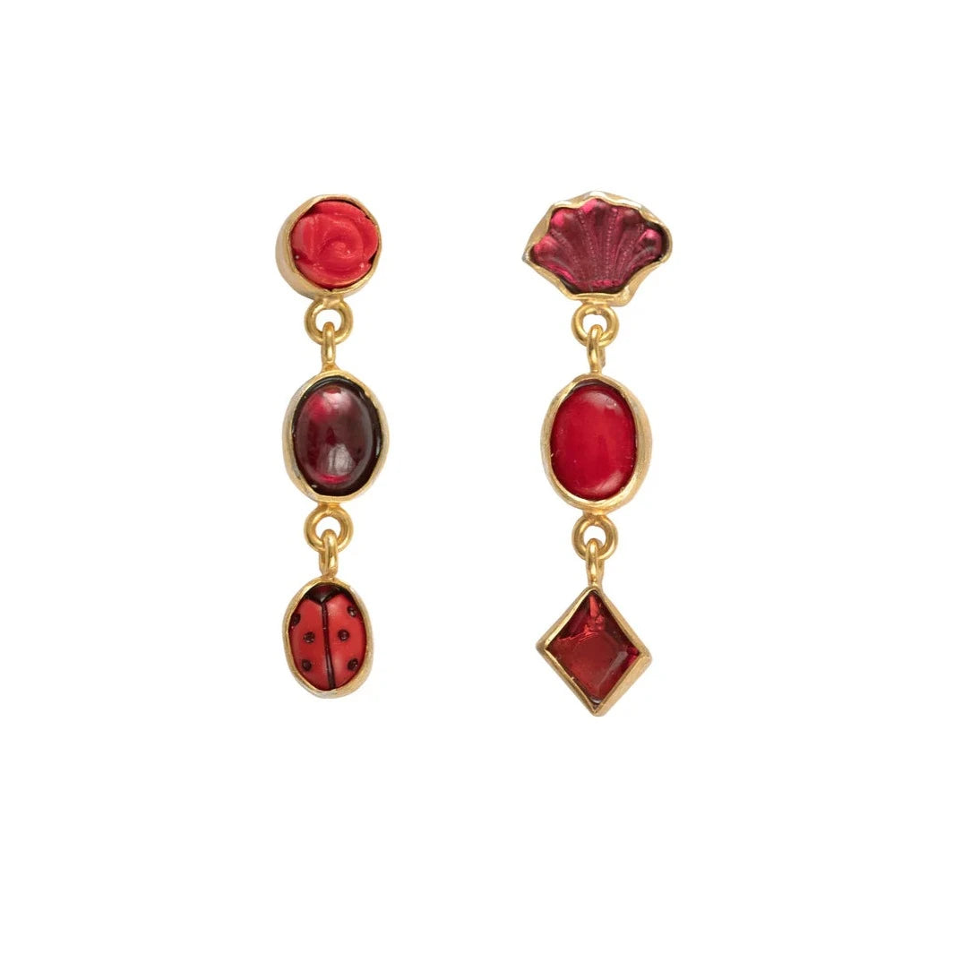 Women's lightweight earrings-Red Three Charm Moving Drop Earrings