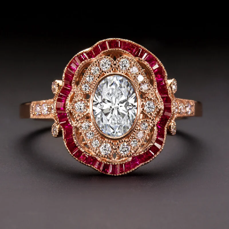 Women's astrology rings-LAB CREATED DIAMOND RUBY COCKTAIL RING VINTAGE STYLE ART DECO 14k ROSE GOLD