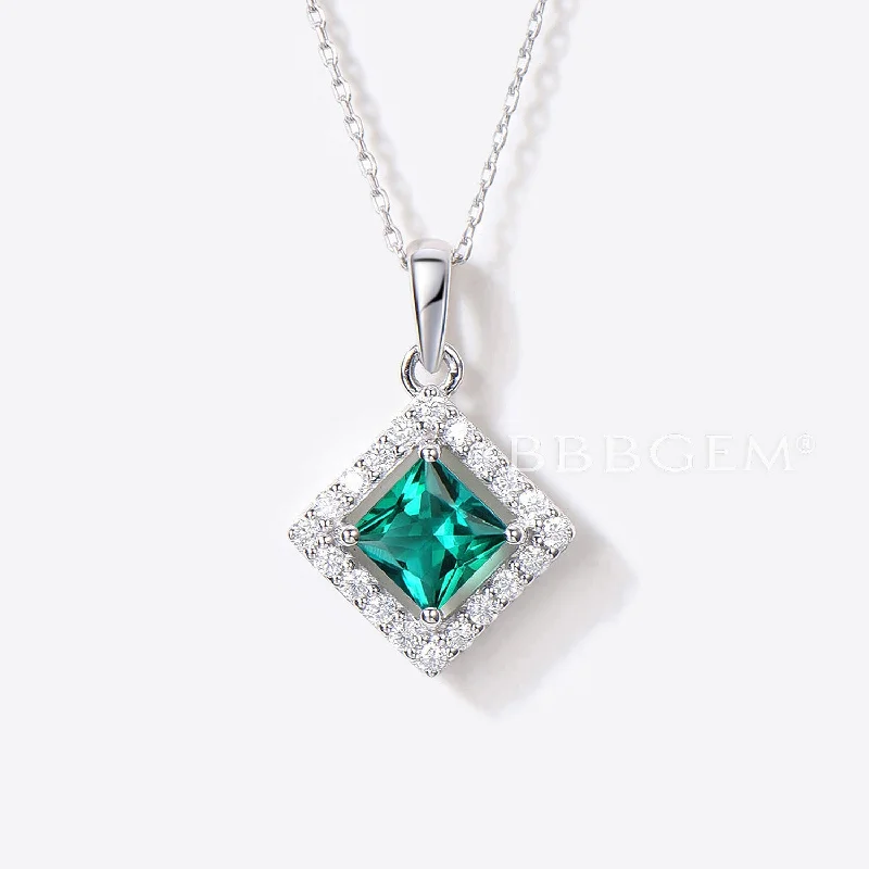 Women's anniversary necklaces-Princess Green Emerald Pendant Diamond Halo Wedding Necklace