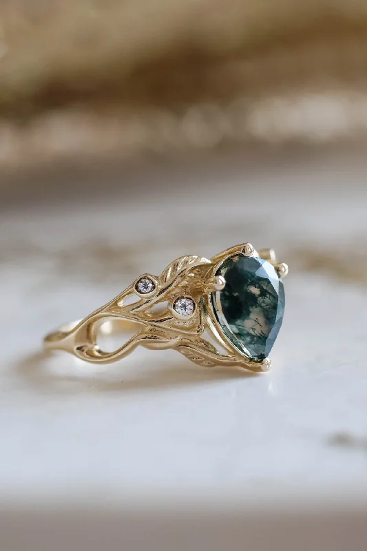 Women's ethical rings-READY TO SHIP: Callisto in 14K yellow gold, pear moss agate 8x6 mm, moissanites, RING SIZE 4.25 - 7.25 US