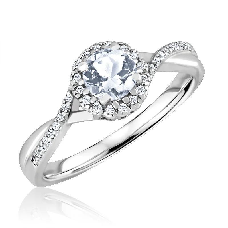 Women's investment rings-White Topaz and Diamond Halo April Birthstone Ring in Sterling Silver