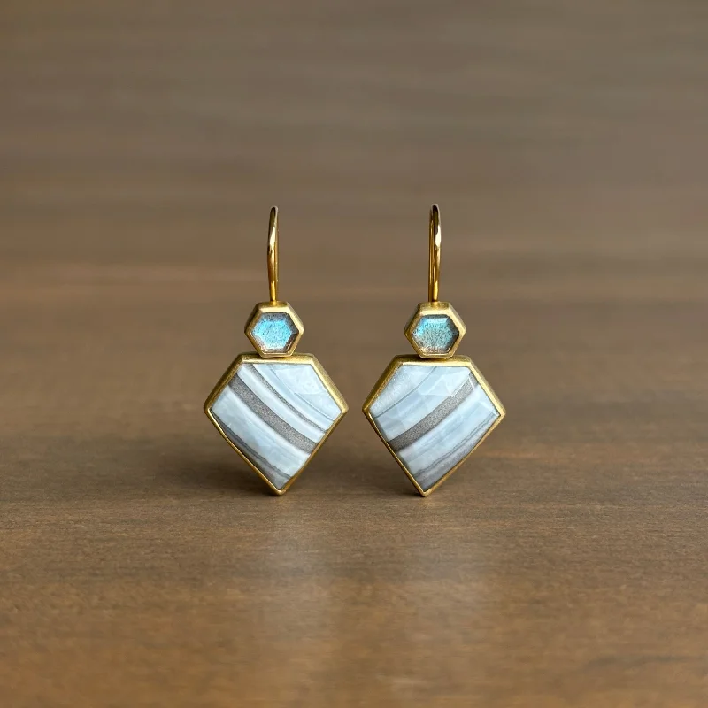 Custom women's earrings-Striped Blue Opal Shield & Labradorite Hexagon Earrings