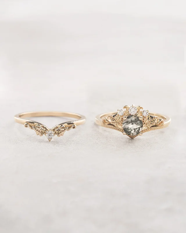 Women's silver-plated rings-READY TO SHIP: Ariadne bridal ring set in 14K yellow gold, round moss agate, accents lab grown diamonds, AVAILABLE RING SIZES: 9 - 11 US