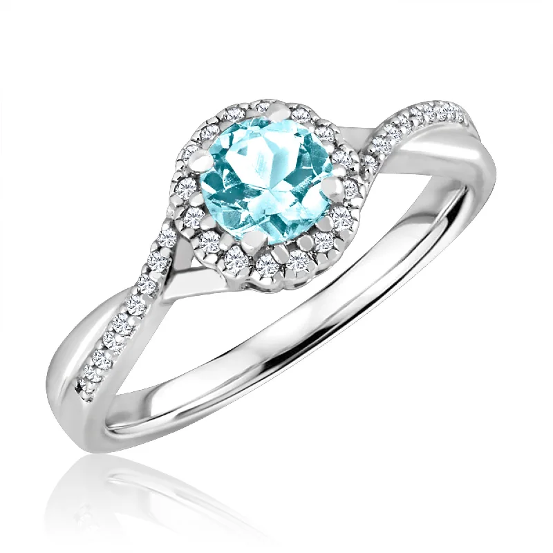 Women's ethical rings-Aquamarine and Diamond Halo March Birthstone Ring in Sterling Silver