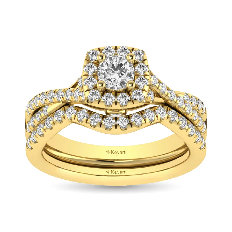 Women's diamond rings-Diamond  Twist Shank Single Halo Bridal Ring 1 ct tw Round Cut in 14K Yellow Gold