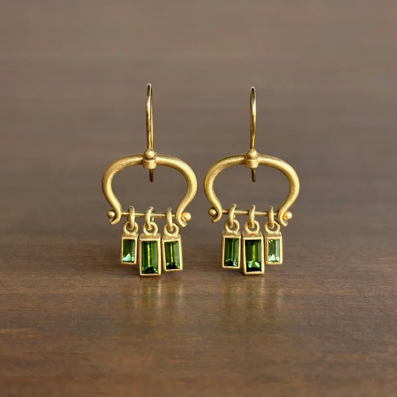 Women's modern design earrings-Lyre Earrings with Emerald Cut Green Tourmalines