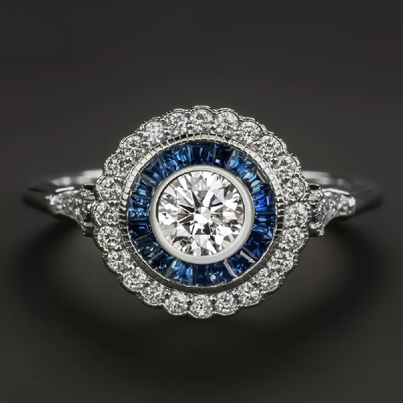 Women's religious rings-GIA CERTIFIED DIAMOND SAPPHIRE COCKTAIL RING VINTAGE STYLE HALO 14k WHITE GOLD