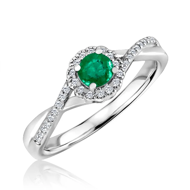 Women's sustainable rings-Emerald and Diamond Halo May Birthstone Ring in Sterling Silver