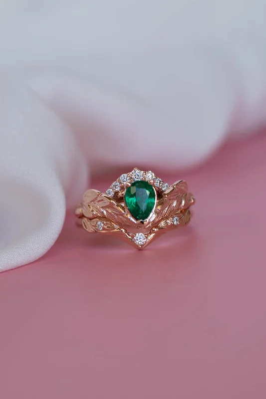 Women's photo rings-READY TO SHIP: Palmira Crown ring set in 14K rose gold, natural emerald pear cut 7x5 mm, accent moissanites, AVAILABLE RING SIZES: 5.5 - 8.5 US